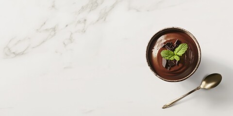 Chocolate mousse in glass cup with mint leaf. Creamy dessert on marble surface with metal spoon. Rich cocoa treat with fresh garnish. Elegant food image with white backdrop. Gourmet dish 