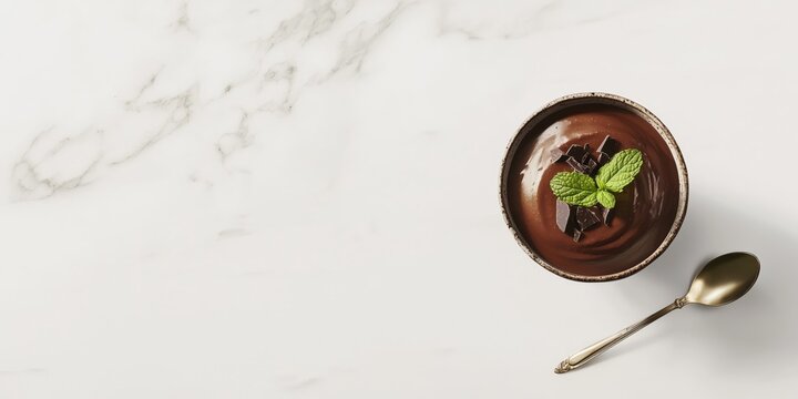 Chocolate mousse in glass cup with mint leaf. Creamy dessert on marble surface with metal spoon. Rich cocoa treat with fresh garnish. Elegant food image with white backdrop. Gourmet dish  - Powered by Adobe