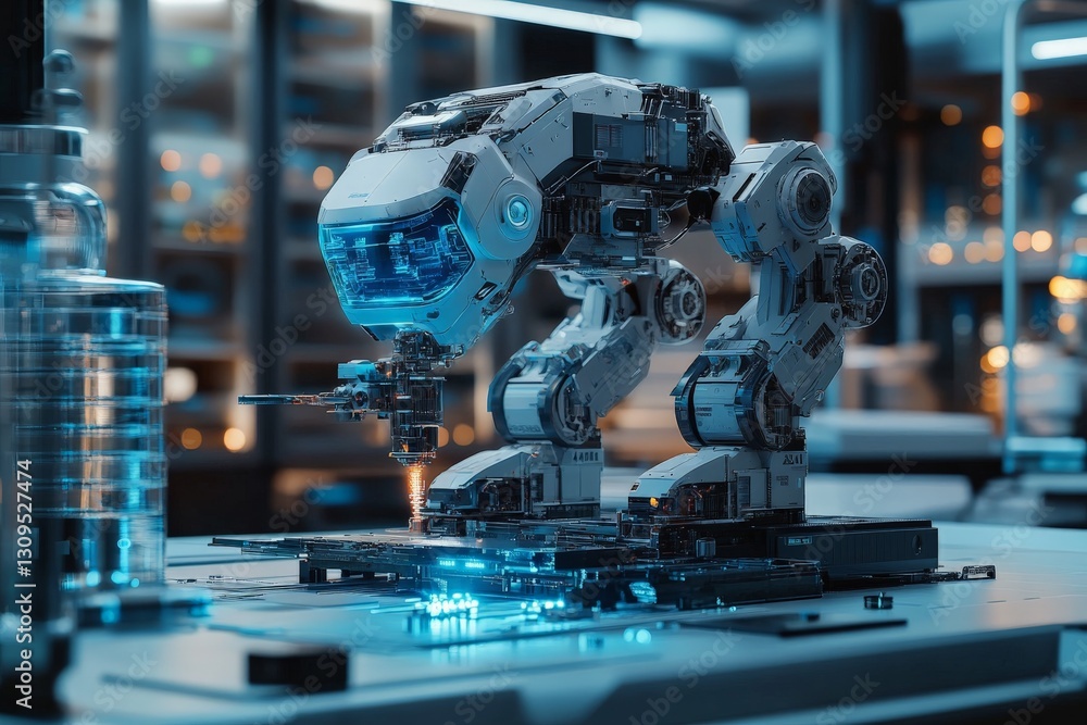 Poster Advanced robotic arm performing intricate tasks in a futuristic laboratory environment