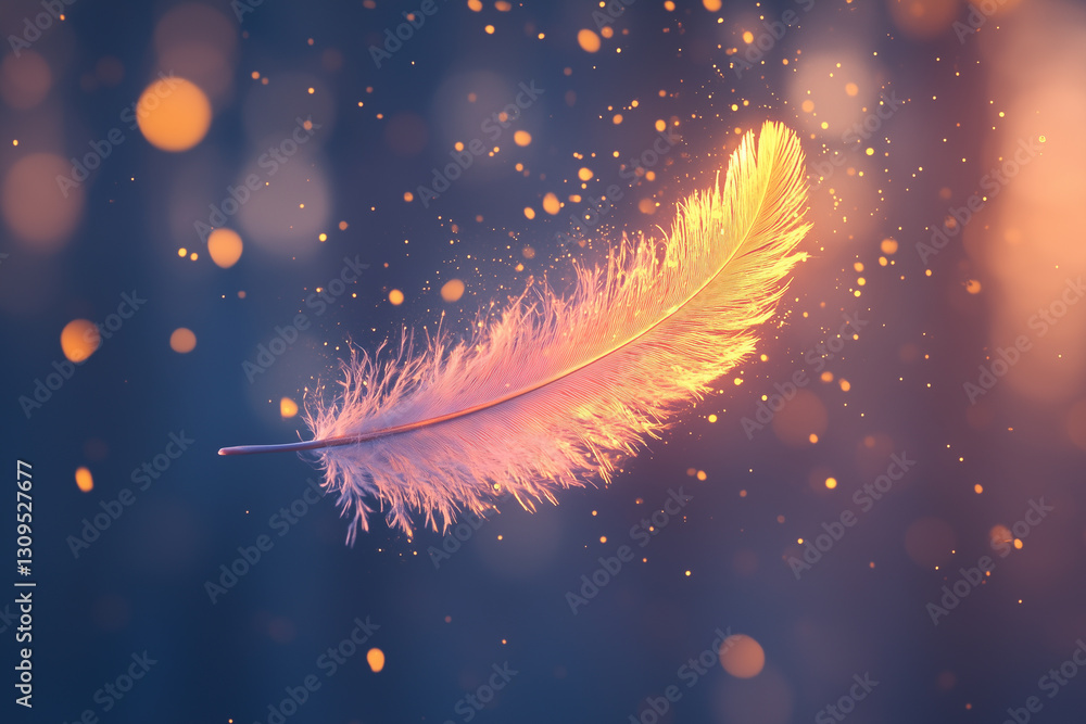 Poster glowing pastel-colored feather floating gracefully in a dreamy, softly illuminated background with s