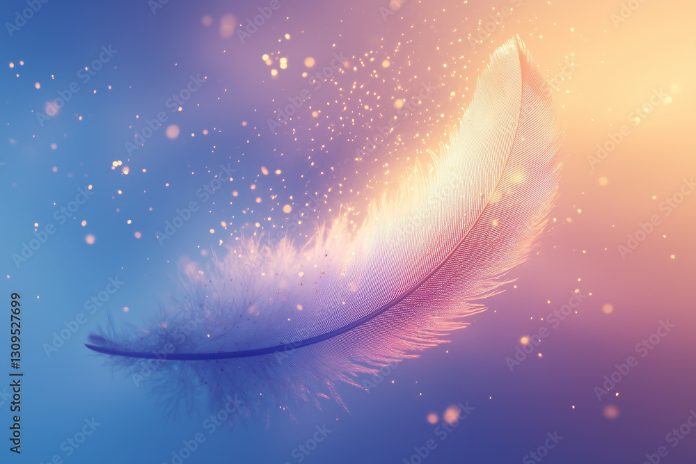 Poster glowing pastel feather floats gently in a dreamy, illuminated space filled with soft colors and shim