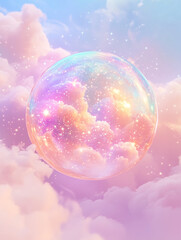 Glowing pastel jellybean floats among colorful clouds in a dreamy sky during daylight