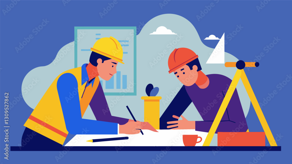 Poster two architects each armed with a pencil and a stack of blueprints sit at a small table in a quiet co