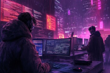 Fototapeta premium Cyberpunk scene of hackers at work in a neon-lit urban environment during a rainy evening