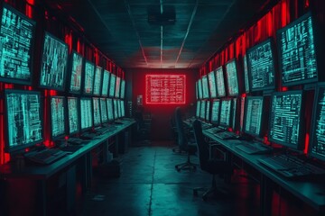 High-tech command center filled with multiple screens displaying data in a dynamic lighting environment