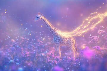 Colorful giraffe with flowing pastel hues in an enchanting floral landscape during twilight