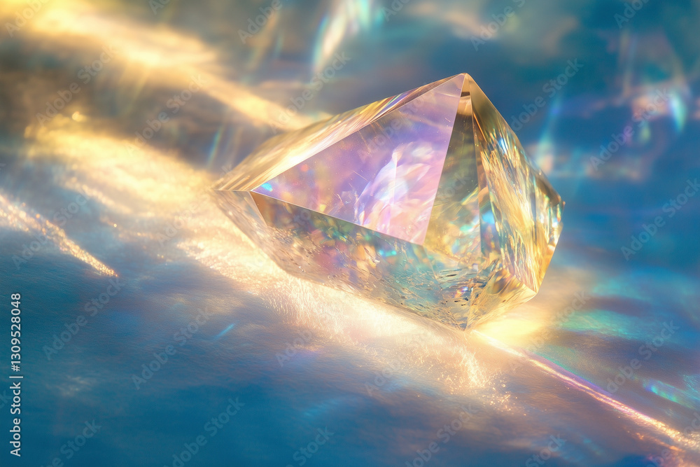 Poster pastel-colored sunbeam refracting through a crystal, creating a spectrum of light reflections on a s