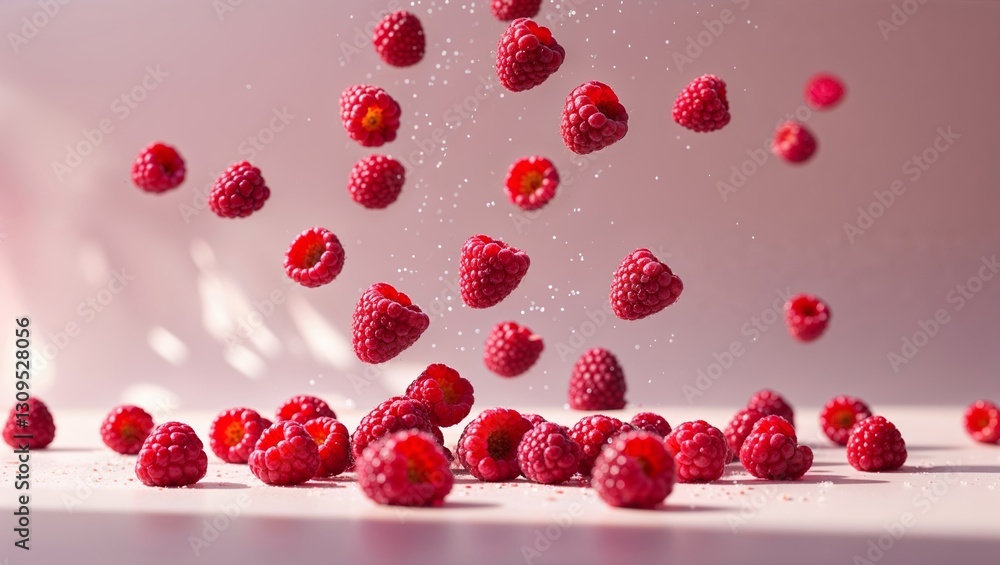 Poster freshly harvested raspberries fall in slow motion with sugar granules creating a delightful visual e