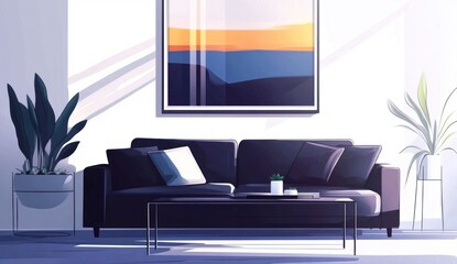 Modern living room interior design with sofa, coffee table, and plants. Sunlight streams in, highlighting the space.