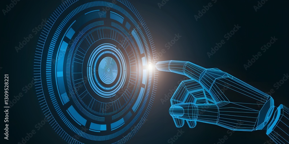 Aufkleber a wireframe robotic hand touching a glowing, futuristic circular interface. concept of artificial in