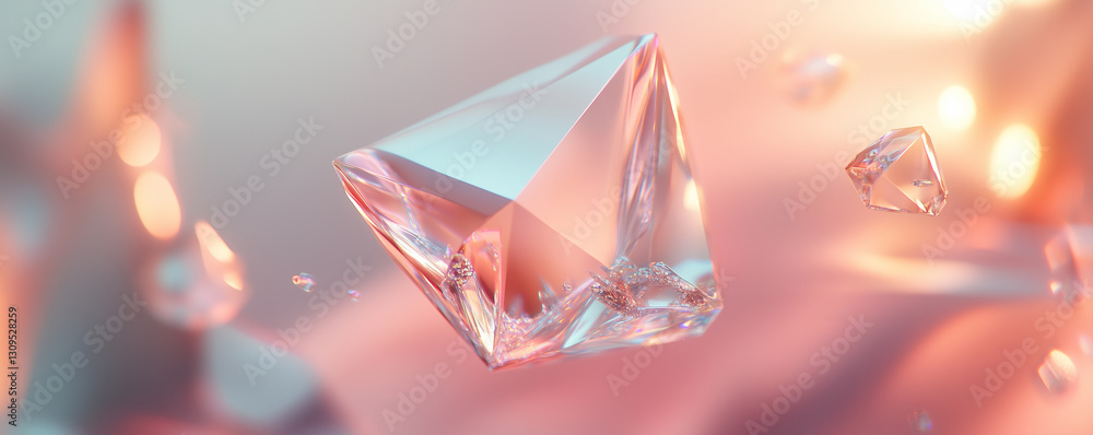 Poster colorful geometric shape reflects light in a serene environment with soft pastel hues creating an el
