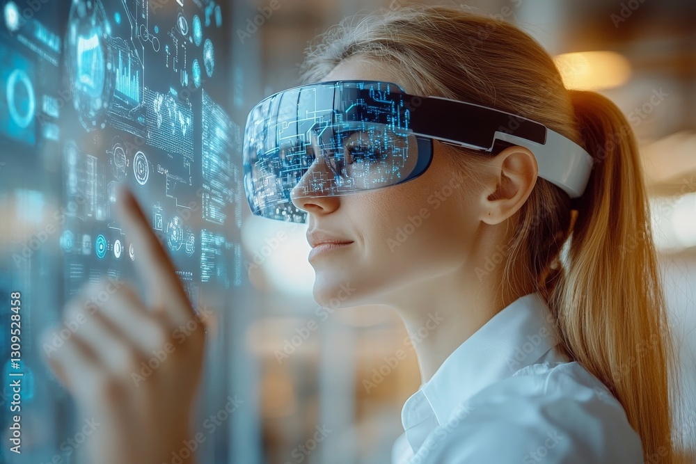 Aufkleber woman engaged in virtual reality experience interacting with digital display in modern workspace