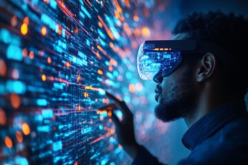 Individual explores digital interface with virtual reality headset in a futuristic environment