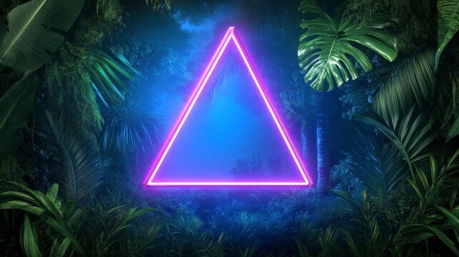 Luminous pink triangle neon light frame in a vibrant tropical jungle at night. Dark blue background, lush green foliage surrounds the glowing shape. Mysterious, surreal mood.
