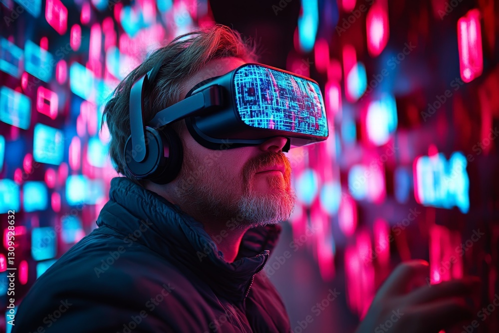 Poster man explores virtual reality environment with immersive visuals and sound at a modern technology exh
