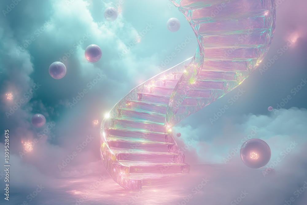 Poster surreal glowing spiral staircase spiraling through mystical clouds with ethereal bubbles floating ar