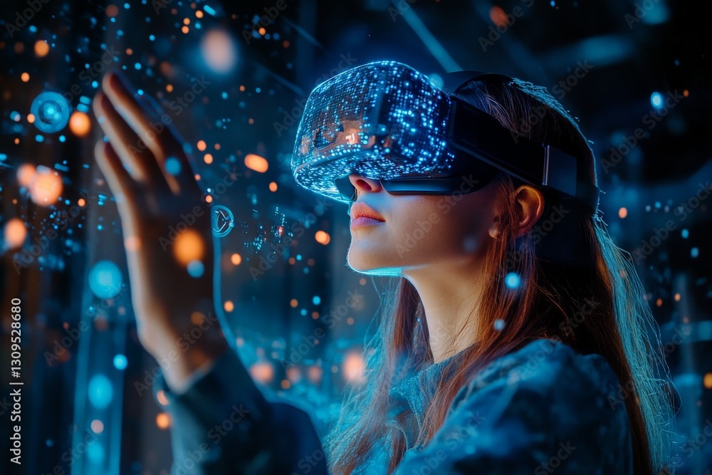 Poster immersive virtual reality experience with a woman engaging with digital elements in a modern environ