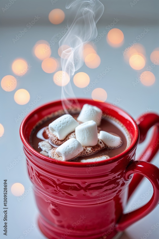 Poster warm cocoa topped with marshmallows in a red mug surrounded by soft glowing lights during winter