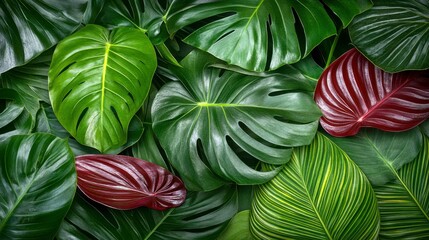 Obraz premium Lush green and burgundy tropical leaves with water droplets, creating a vibrant and textured background. Close up view showcasing detailed leaf veins and shapes.