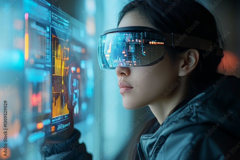 Poster Woman using augmented reality glasses to analyze data in a futuristic urban setting