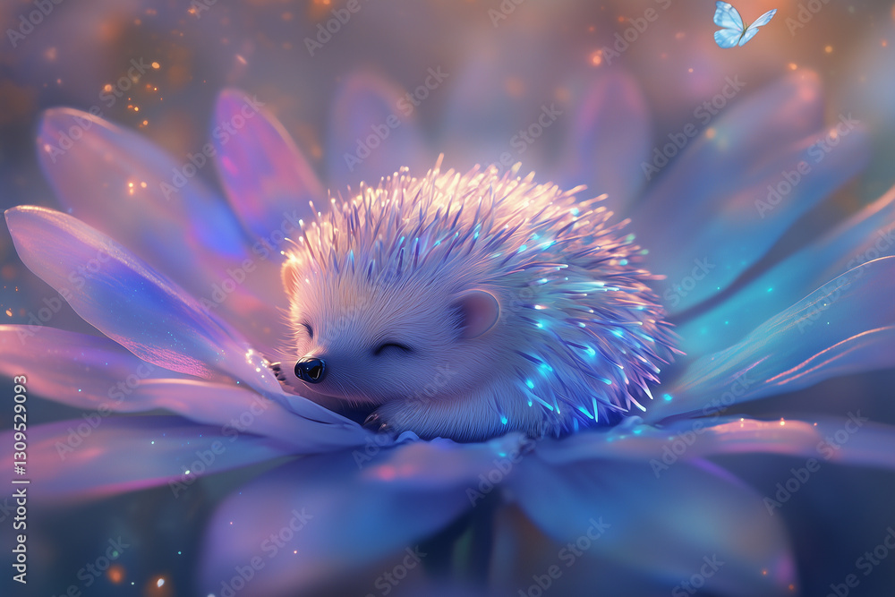 Poster soft pastel hedgehog resting on a large flower with subtle glowing effects and a butterfly hovering 