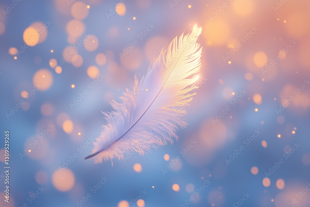 Poster exploring serenity through delicate feathers illuminated by soft glowing light in a dreamy atmospher
