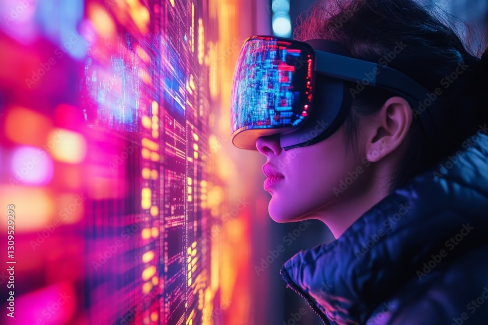 Poster Woman using virtual reality headset in illuminated digital environment exploring technology and innovation