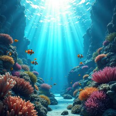 Naklejka premium exploring vibrant pristine coral reefs underwater stunning aqua shades diverse marine life display, nature, colors, fish, seaweed, ocean, aquatic