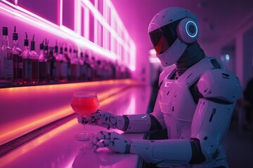 Futuristic robot bartender serves colorful cocktail in vibrant neon-lit bar setting at night