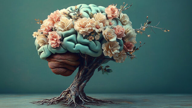 Surreal image of a human brain transformed into a blooming tree, ideal for mental health campaigns, wellness promotions, or educational material on creativity.