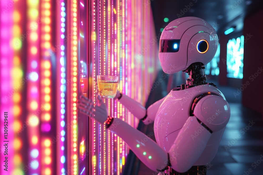 Poster robot enjoys a drink while standing in front of colorful lights at a futuristic bar setting