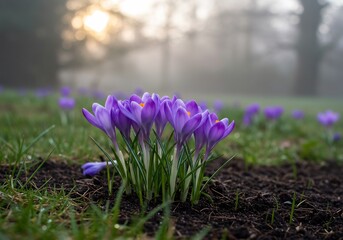 Vibrant purple crocuses bloom softly in misty dawn light. AI Generated