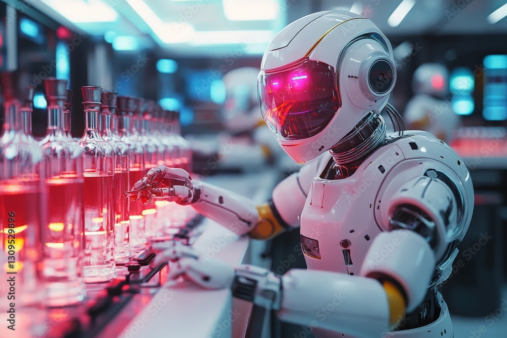 Aufkleber robot technician conducts experiments in a futuristic laboratory filled with glowing glassware and a