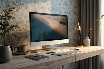 Fototapeta premium modern and minimalist home workspace featuring a desktop computer