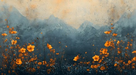An abstract grunge composition with deep dark orange and blue hues, blending nature-inspired elements with a moody, mountainous backdrop. Wildflowers with finely detailed petals stand out against