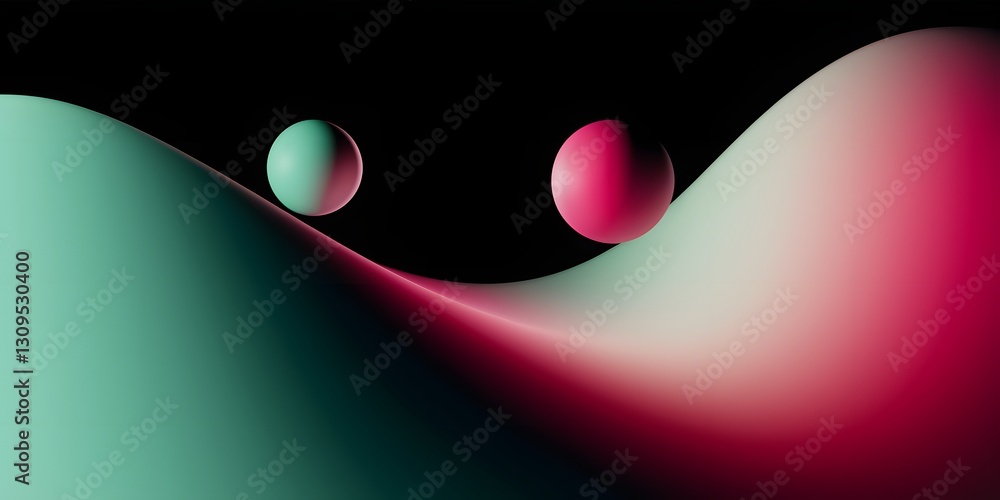Poster two gradient spheres float above a curved, flowing form blending from teal to pink, set against a da