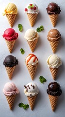 Twelve ice cream scoops in waffle cones, various flavors.