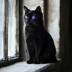 A mysterious black cat with striking purple eyes sits on a window ledge, gazing outside with curiosity and elegance, contrasting with the dimly lit surroundings.