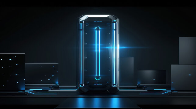 Futuristic supercomputer with glowing blue lights in a high-tech minimalist environment, showcasing advanced technology and innovation with ample copy space for design.