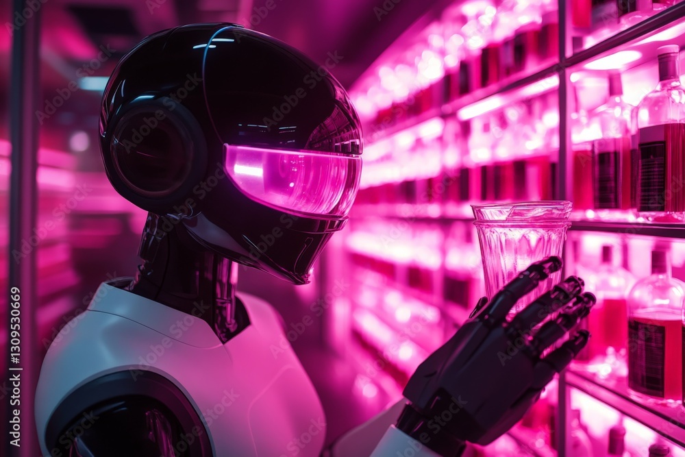 Poster robot bartender serves drinks in a futuristic neon-lit bar showcasing innovative technology and desi