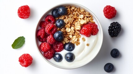 A bowl of yogurt topped with granola and fresh berries, symbolizing a healthy and balanced breakfast.