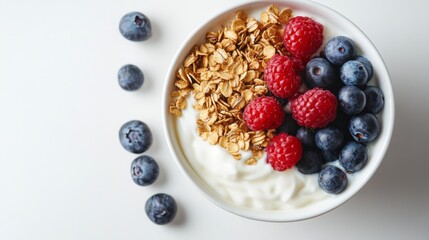 A bowl of yogurt topped with granola and fresh berries, symbolizing a healthy and balanced breakfast.