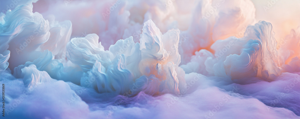Poster floating clouds create an ethereal sugar dream atmosphere with soft colors and whimsical shapes in a