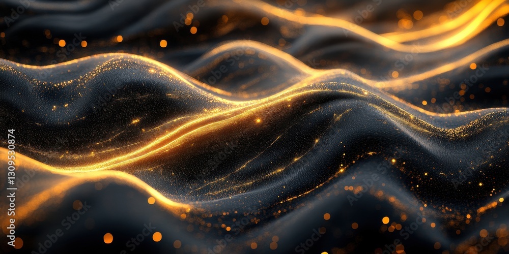 Poster captivating abstract artwork of flowing waves illuminated by glowing particles