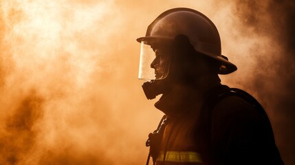 Firefighter braves smoke-filled scene, determined search in dramatic light, blurred haze behind. Courage in the face of danger.
