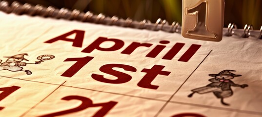 A calendar highlighting april 1st adorned with whimsical doodles of jesters and vibrant designs