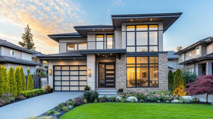 Modern house with clean lines, surrounded by lush greenery and soft natural light, embodying simplicity and harmony.