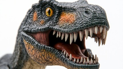 Closeup of a T-Rex figurine with sharp teeth and textured skin, isolated on white, showcasing primal power and intricate detail.