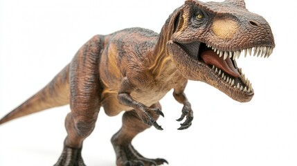 Closeup of a T-Rex figurine with sharp teeth and textured skin, isolated on white, showcasing primal power and intricate detail.