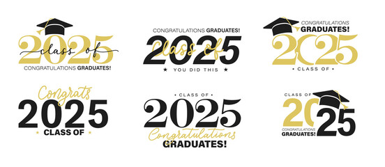 Class of 2025 vector badges set.Congrats graduates concept. Black, gold and white graduation logo collection.Stock vector illustration for shirts,prints,cards,invitations,seal or stamp.Grad labels set